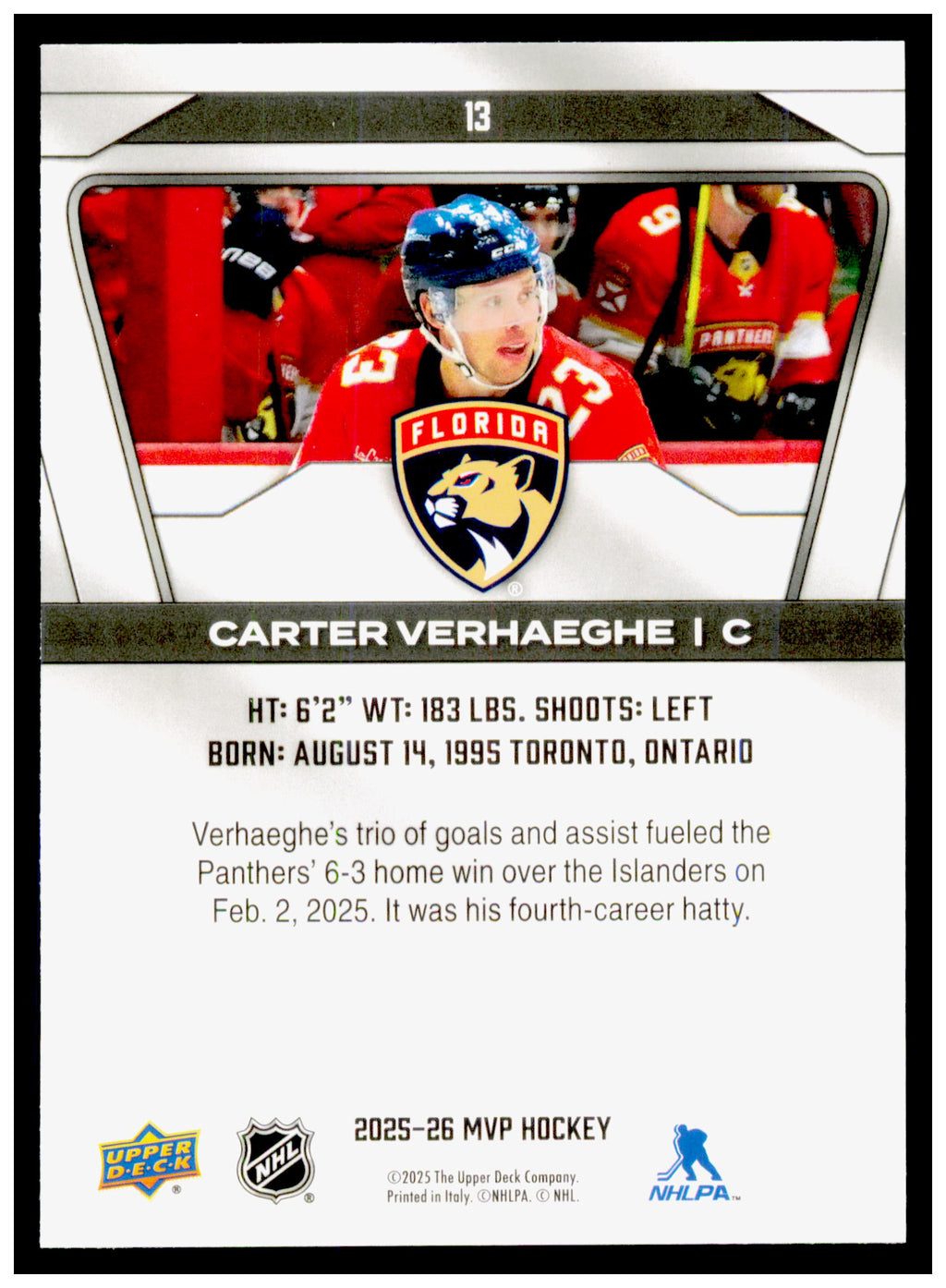2025-26 Upper Deck MVP Carter Verhaeghe Card Florida Panthers #13