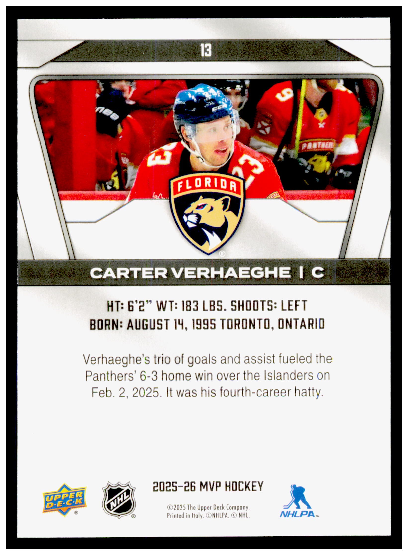 2025-26 Upper Deck MVP Carter Verhaeghe Card Florida Panthers #13