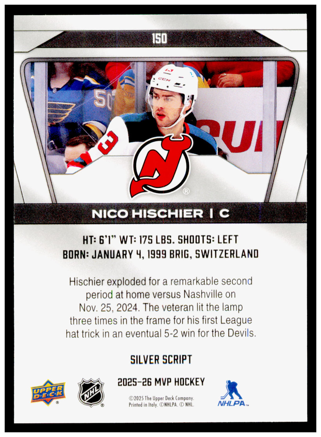 2025-26 Upper Deck MVP Nico Hischier Card New Jersey Devils #150