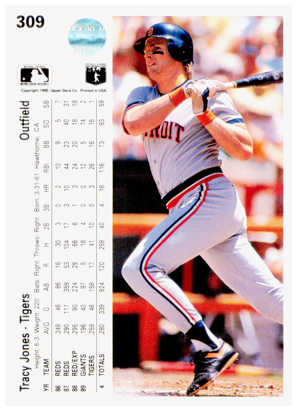 1990 Upper Deck Tracy Jones Card Detroit Tigers #309
