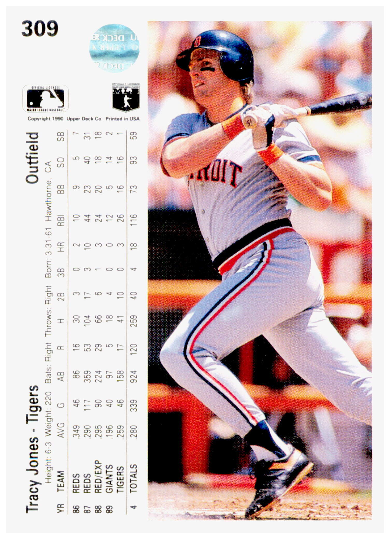 1990 Upper Deck Tracy Jones Card Detroit Tigers #309