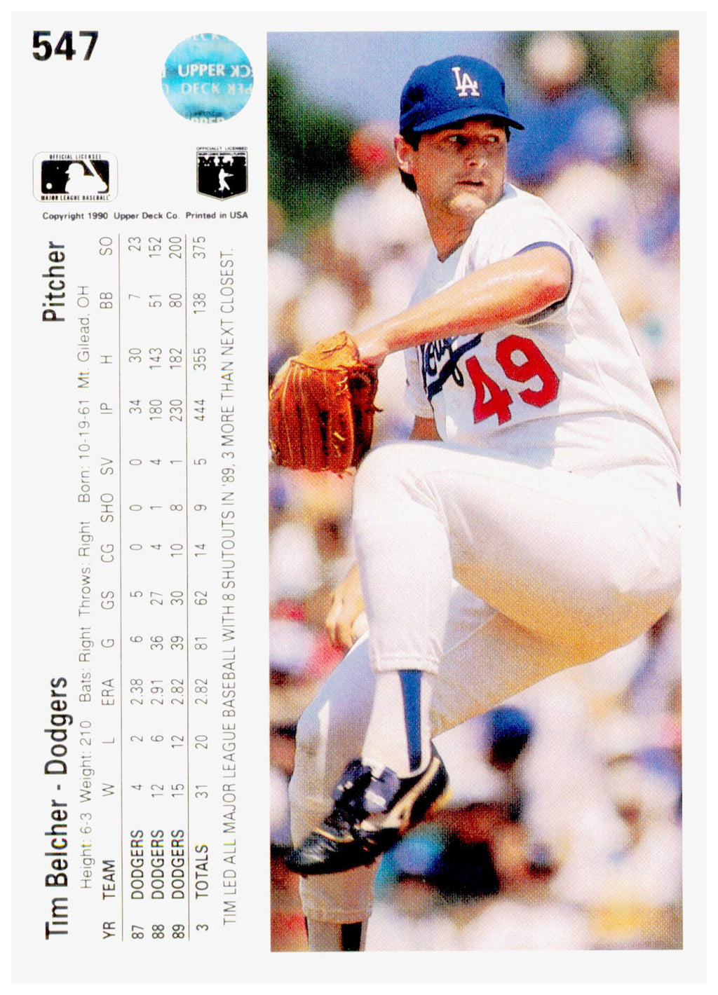 1990 Upper Deck Tim Belcher Card Los Angeles Dodgers #547