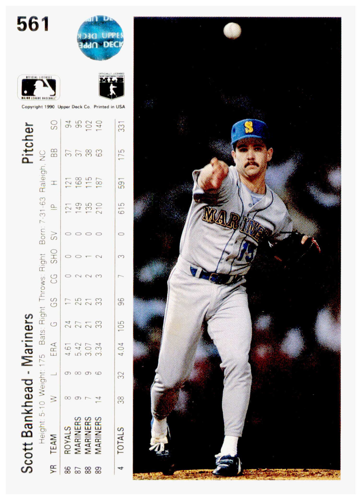 1990 Upper Deck Scott Bankhead Card Seattle Mariners #561