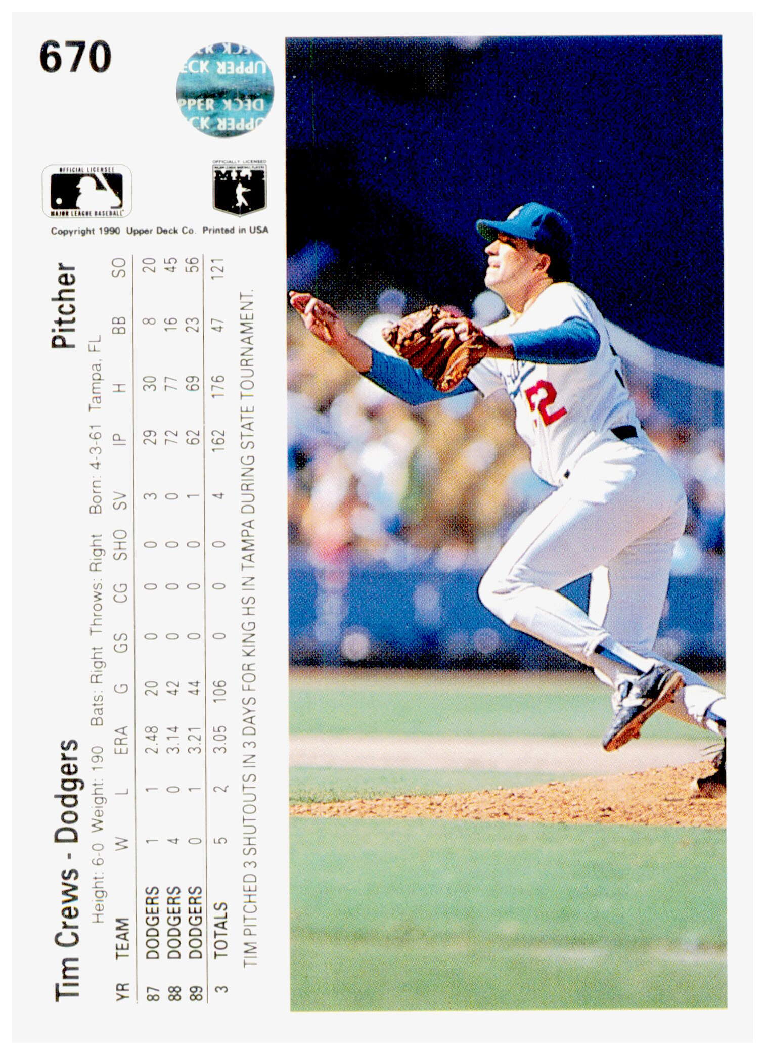 1990 Upper Deck Tim Crews Card Los Angeles Dodgers #670