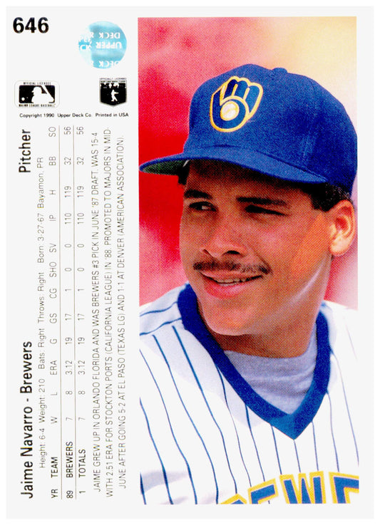 1990 Upper Deck Jaime Navarro Card Milwaukee Brewers #646