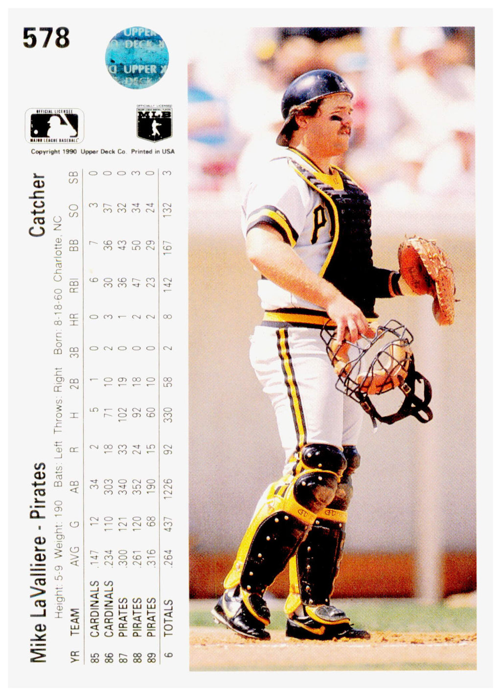 1990 Upper Deck Mike LaValliere Card Pittsburgh Pirates #578
