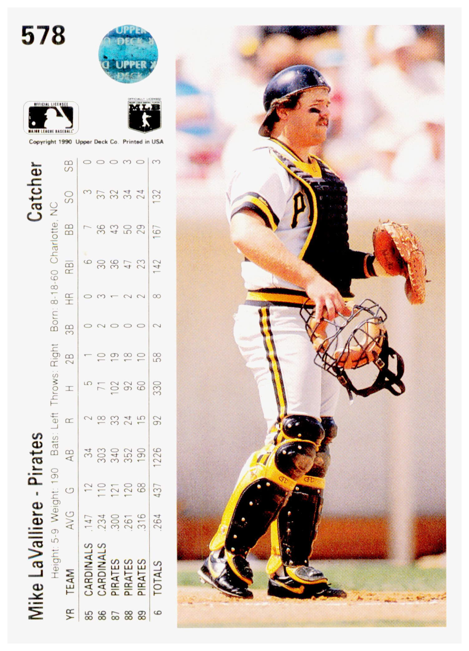 1990 Upper Deck Mike LaValliere Card Pittsburgh Pirates #578