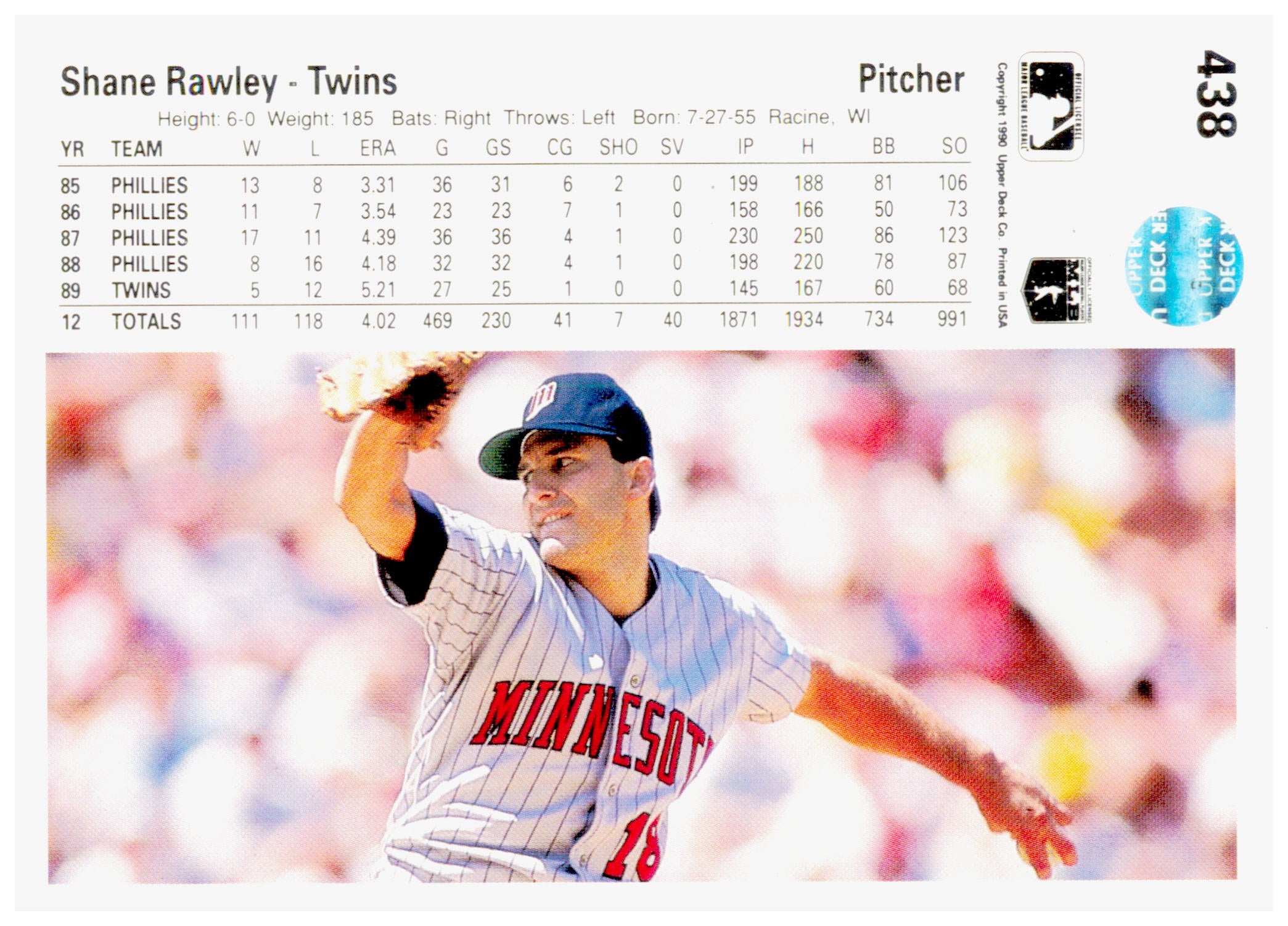 1990 Upper Deck Shane Rawley Card Minnesota Twins #438