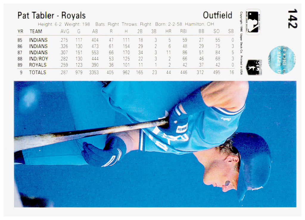 1990 Upper Deck Pat Tabler Card Kansas City Royals #142a
