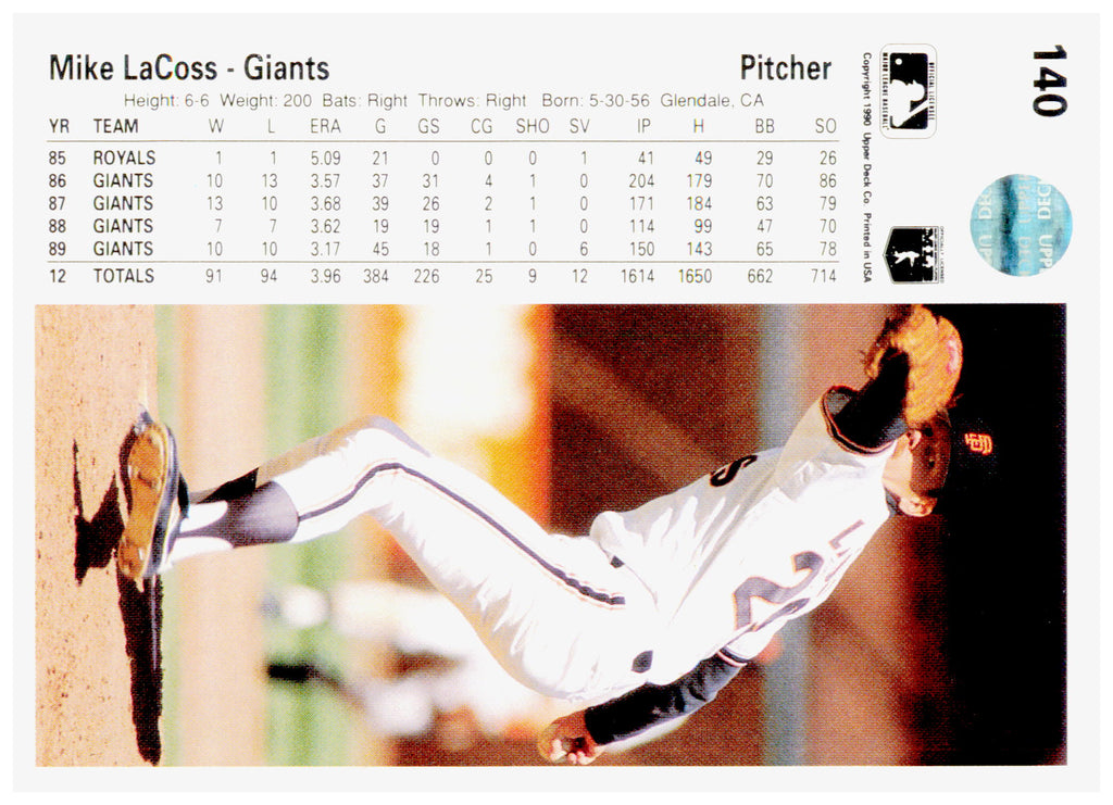 1990 Upper Deck Mike LaCoss Card San Francisco Giants #140a