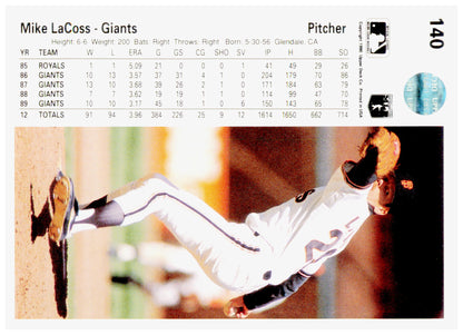 1990 Upper Deck Mike LaCoss Card San Francisco Giants #140a