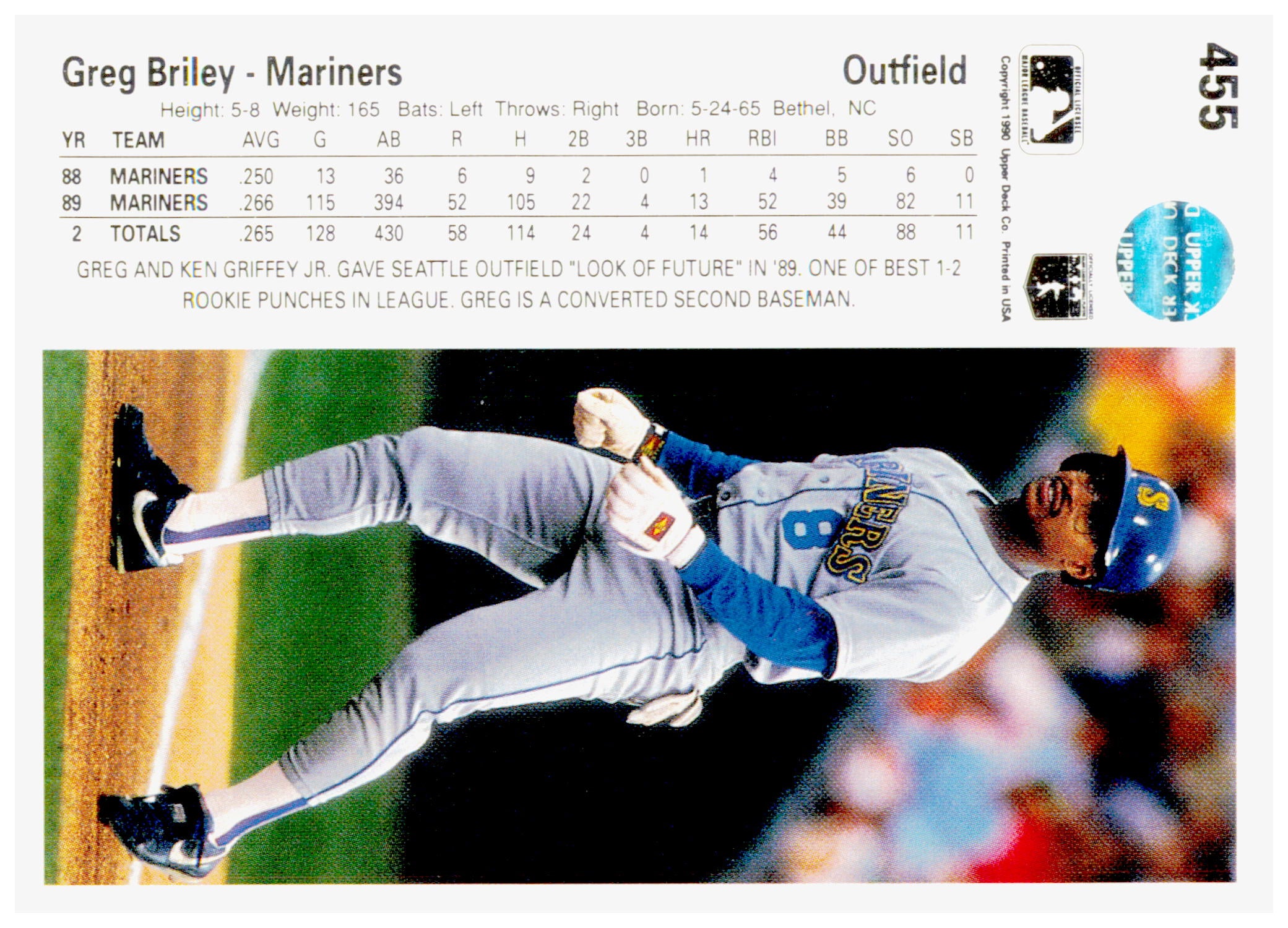 1990 Upper Deck Greg Briley Card Seattle Mariners #455