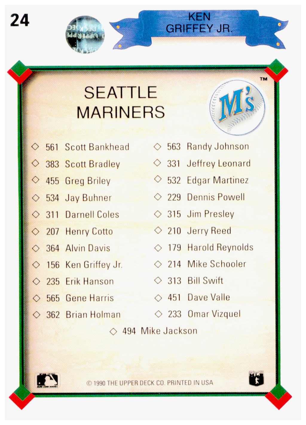 1990 Upper Deck Ken Griffey Jr. Card Seattle Mariners #24