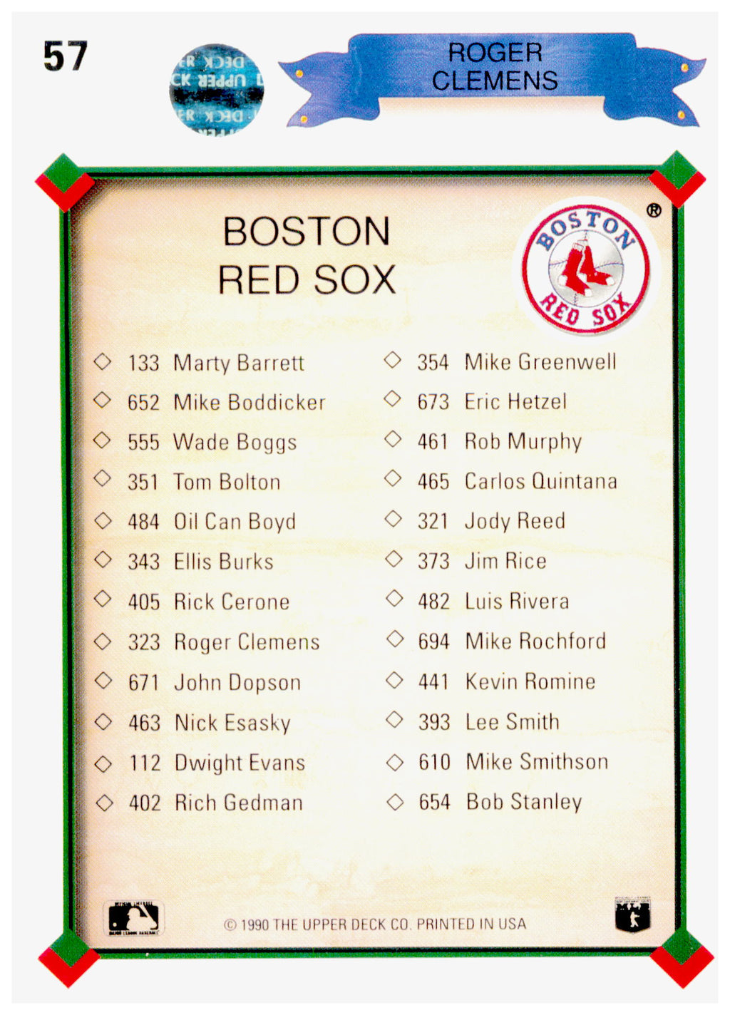 1990 Upper Deck Roger Clemens Card Boston Red Sox #57