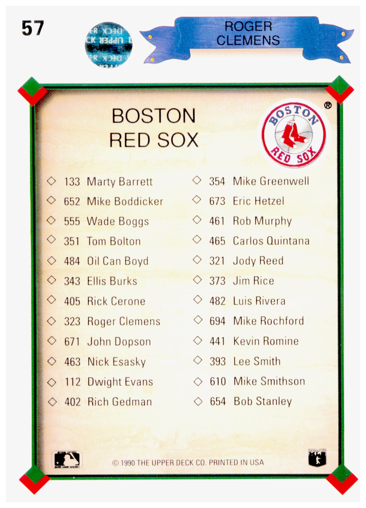 1990 Upper Deck Roger Clemens Card Boston Red Sox #57