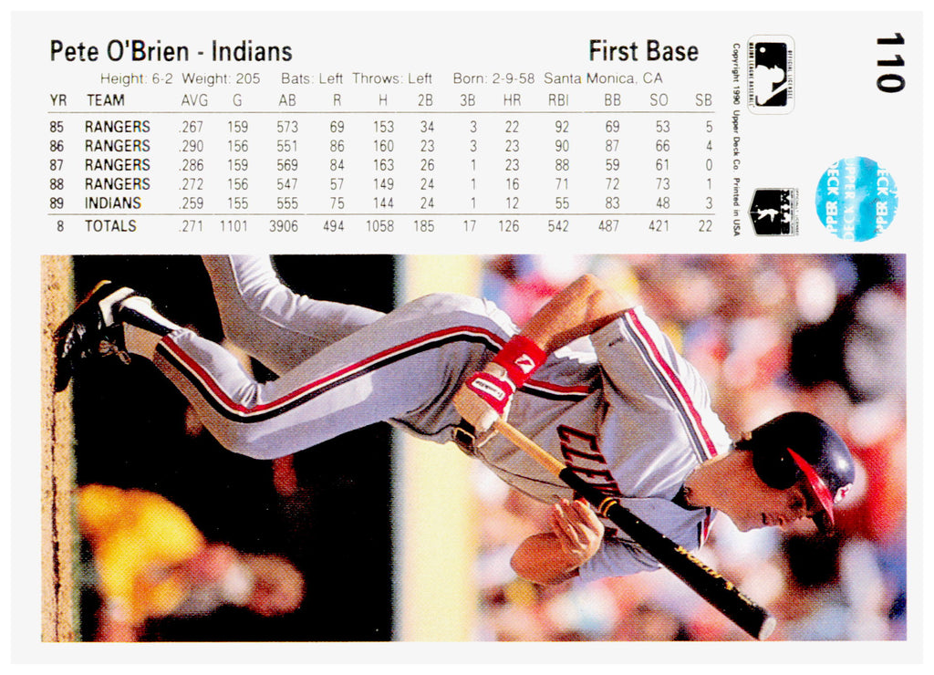 1990 Upper Deck Pete O'Brien Card Cleveland Indians #110a