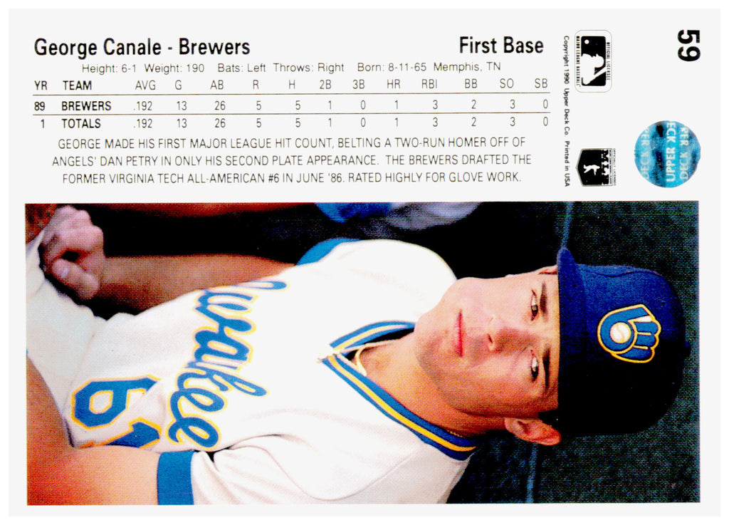1990 Upper Deck George Canale Card RC Milwaukee Brewers #59