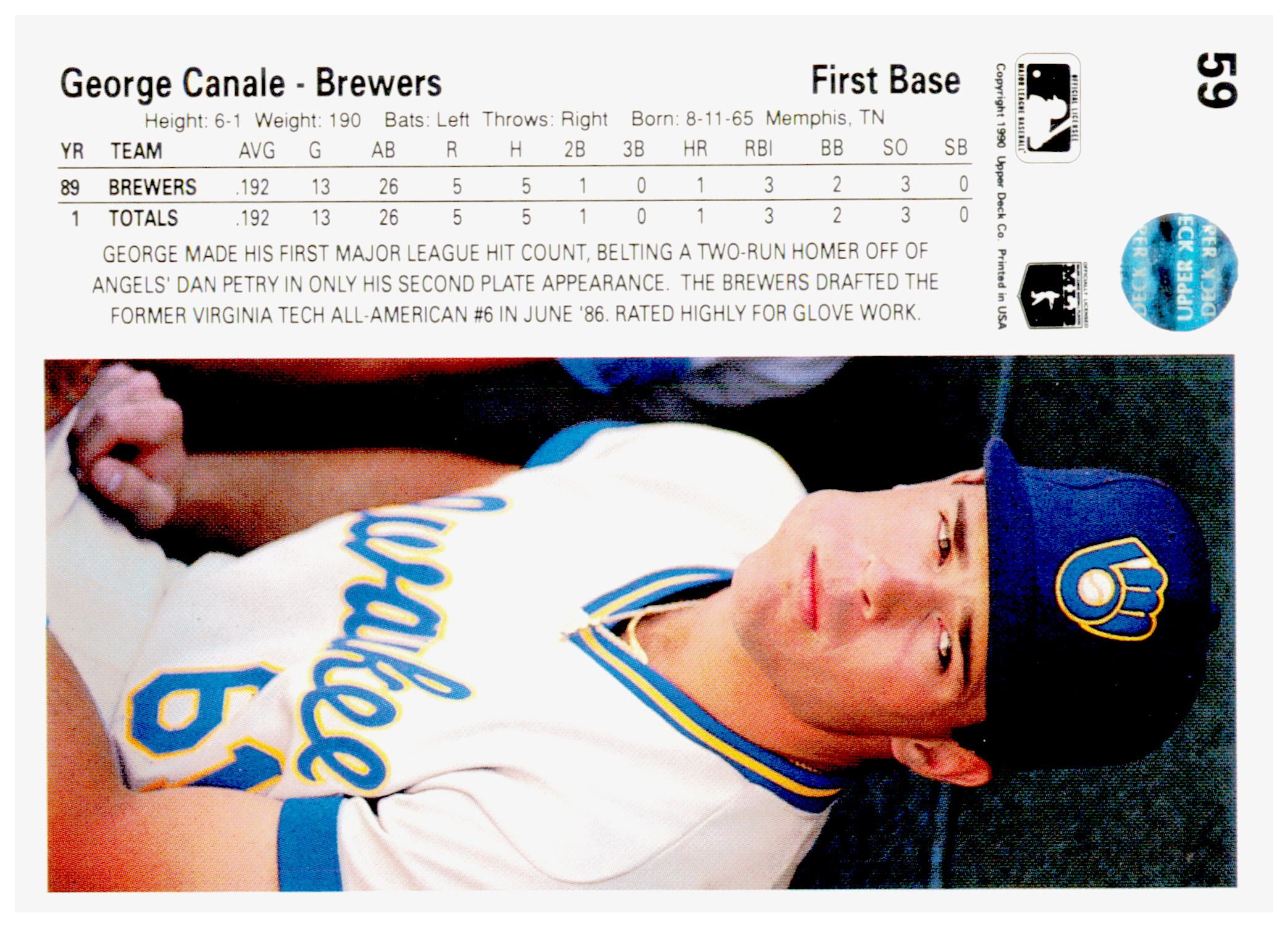 1990 Upper Deck George Canale Card RC Milwaukee Brewers #59