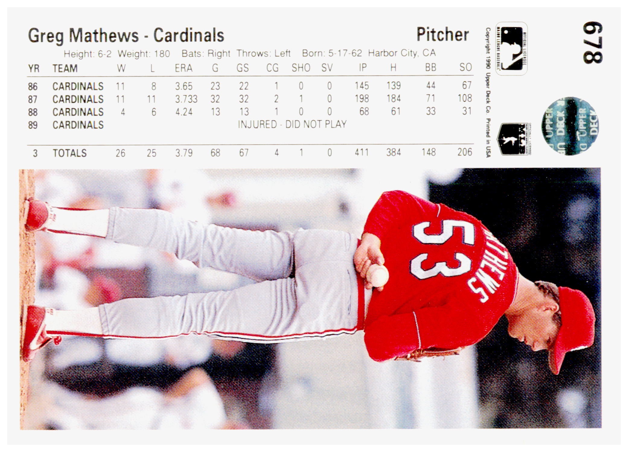 1990 Upper Deck Greg Mathews Card St. Louis Cardinals #678