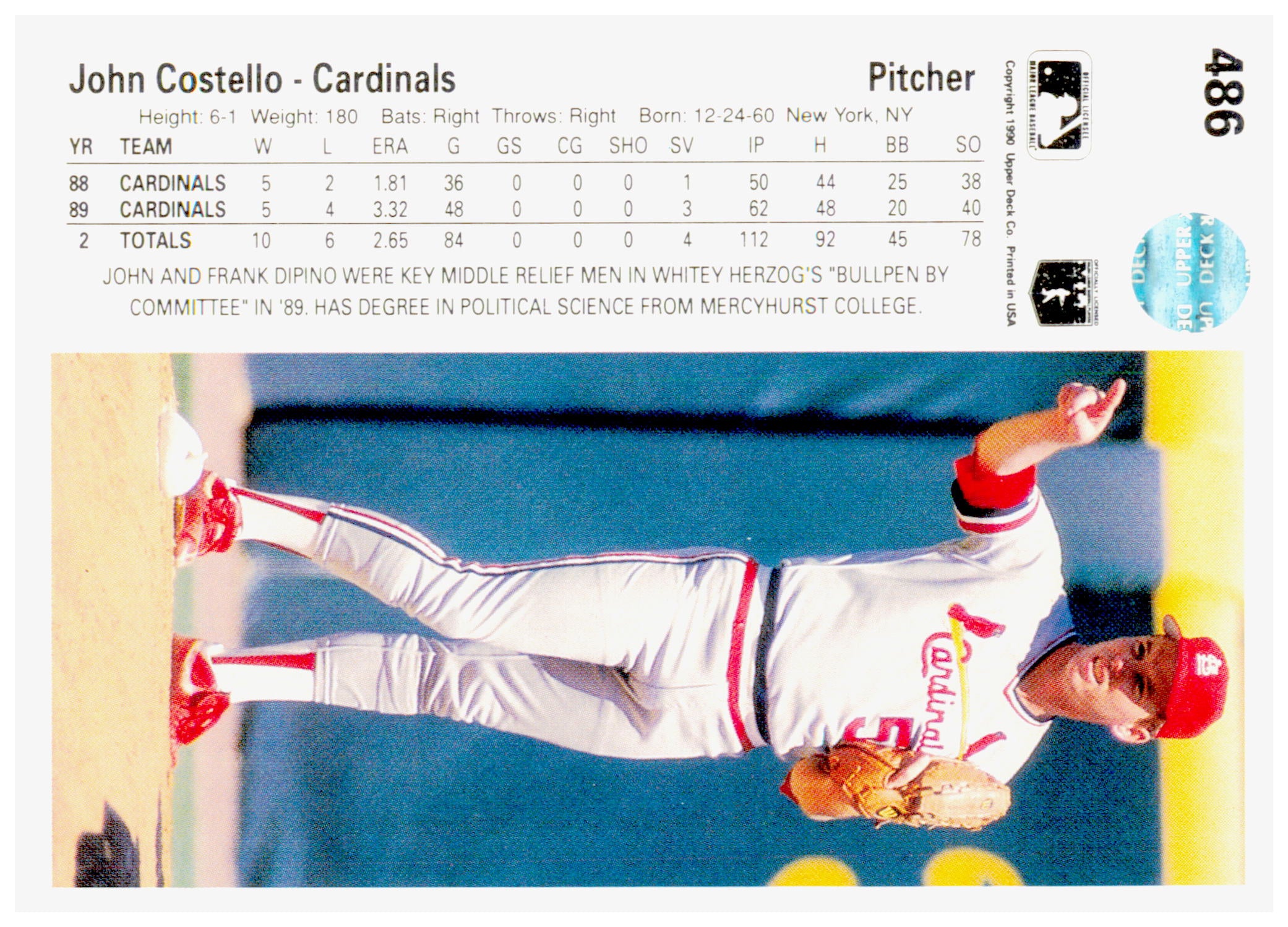 1990 Upper Deck John Costello Card St. Louis Cardinals #486