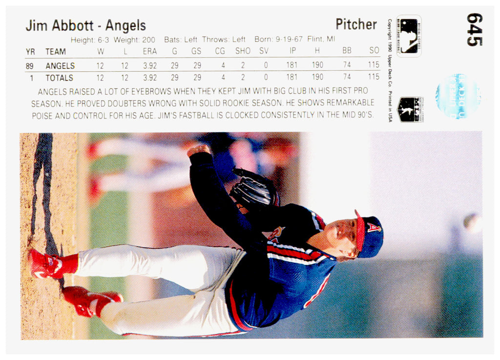 1990 Upper Deck Jim Abbott Card California Angels #645