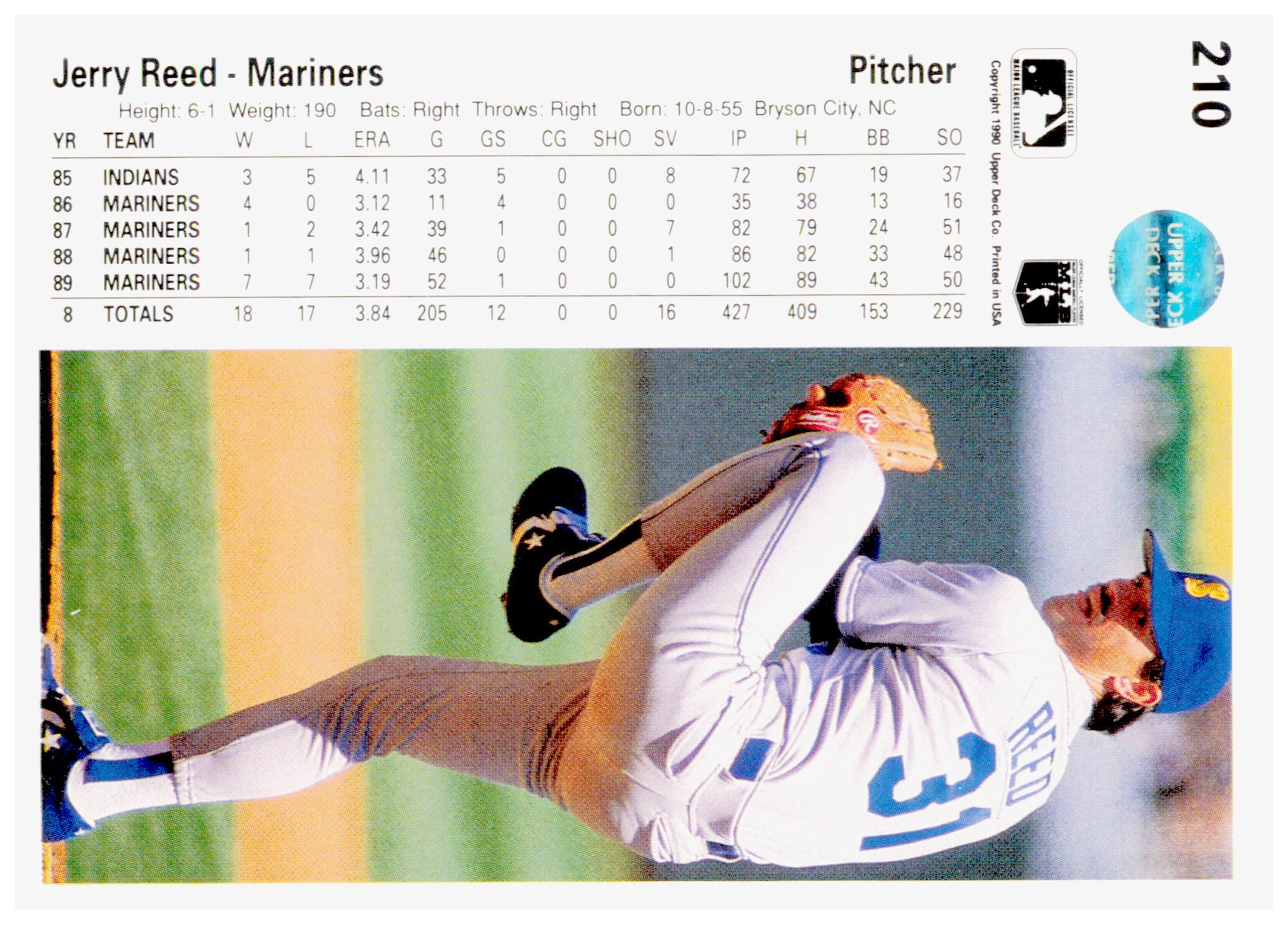 1990 Upper Deck Jerry Reed Card Seattle Mariners #210