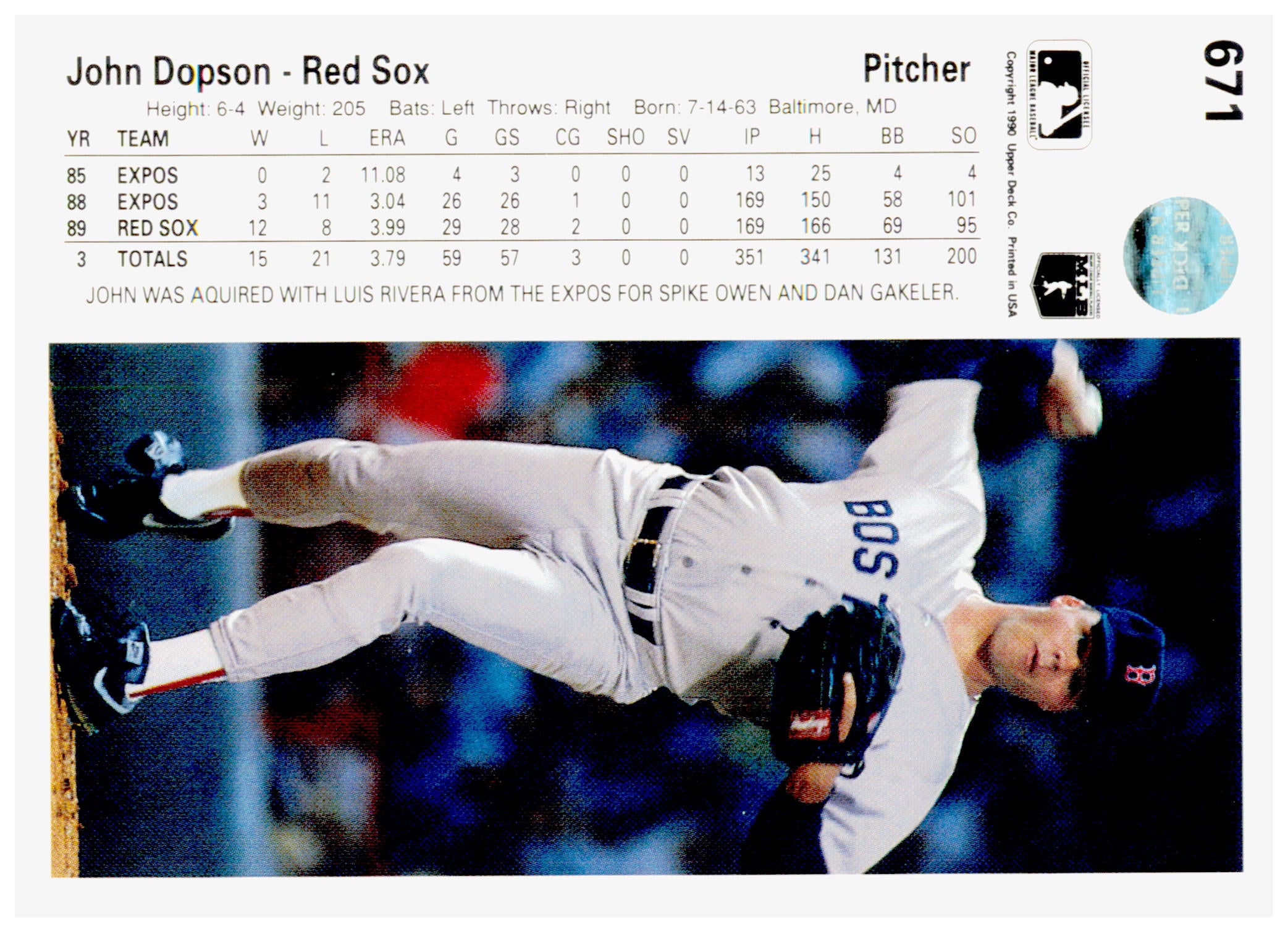 1990 Upper Deck John Dopson Card Boston Red Sox #671