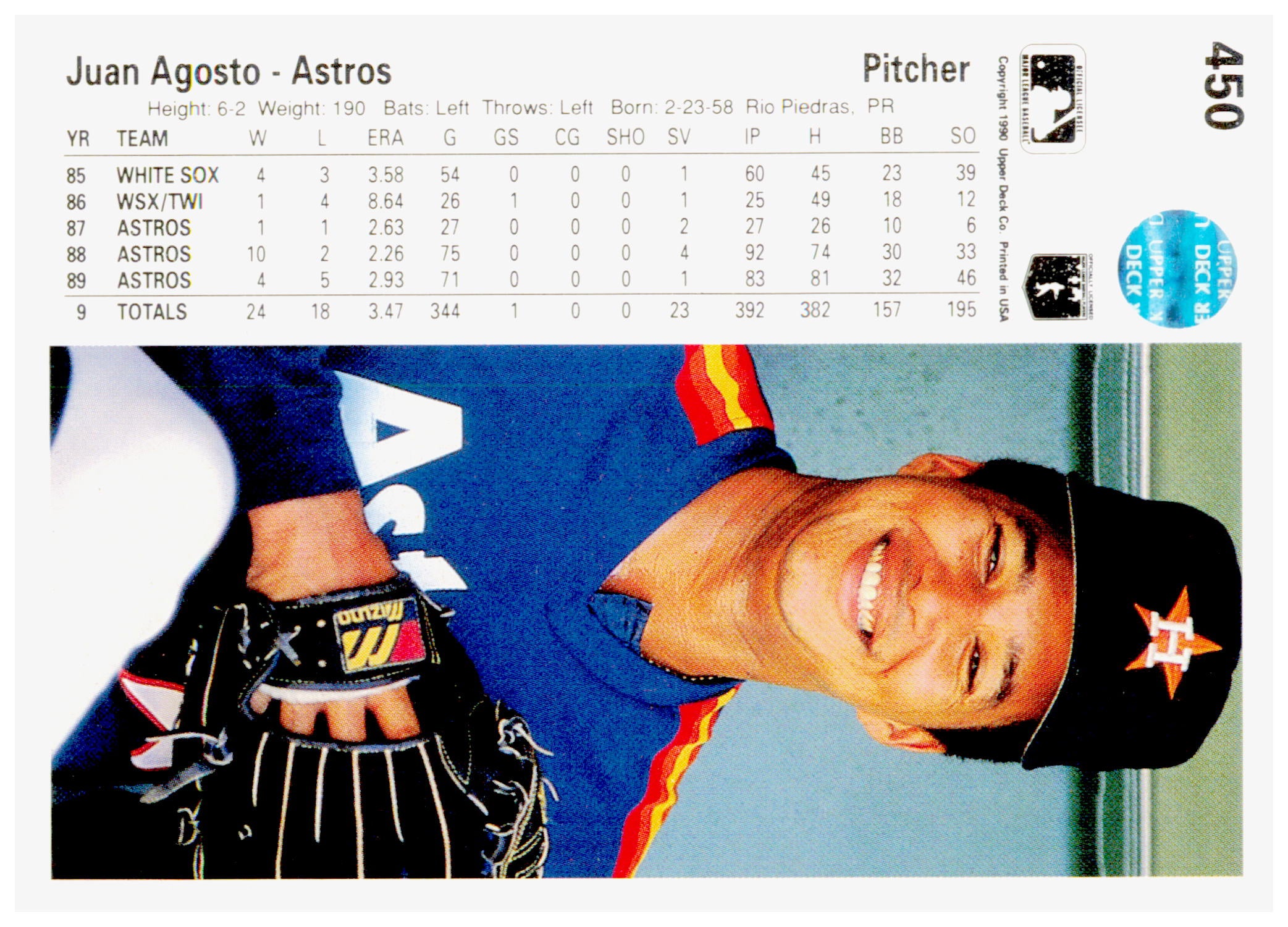 1990 Upper Deck Juan Agosto Card Houston Astros #450