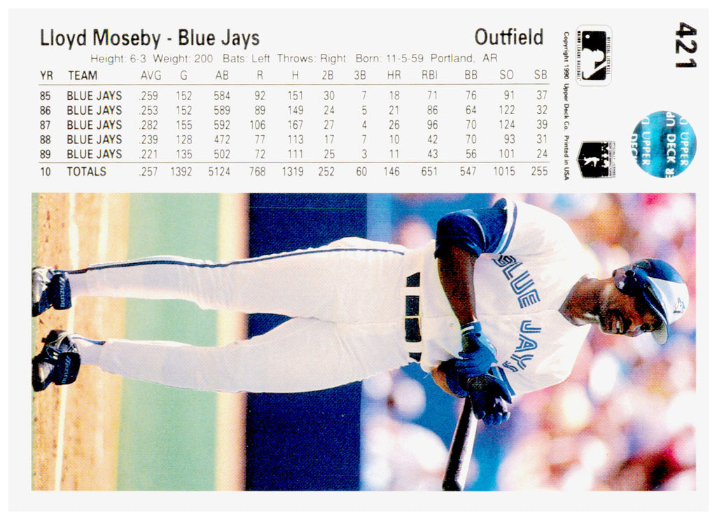 1990 Upper Deck Lloyd Moseby Card Toronto Blue Jays #421