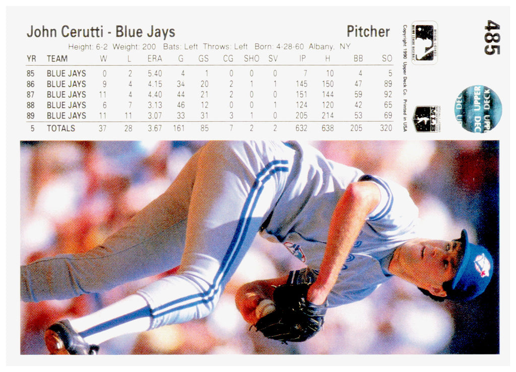 1990 Upper Deck John Cerutti Card Toronto Blue Jays #485
