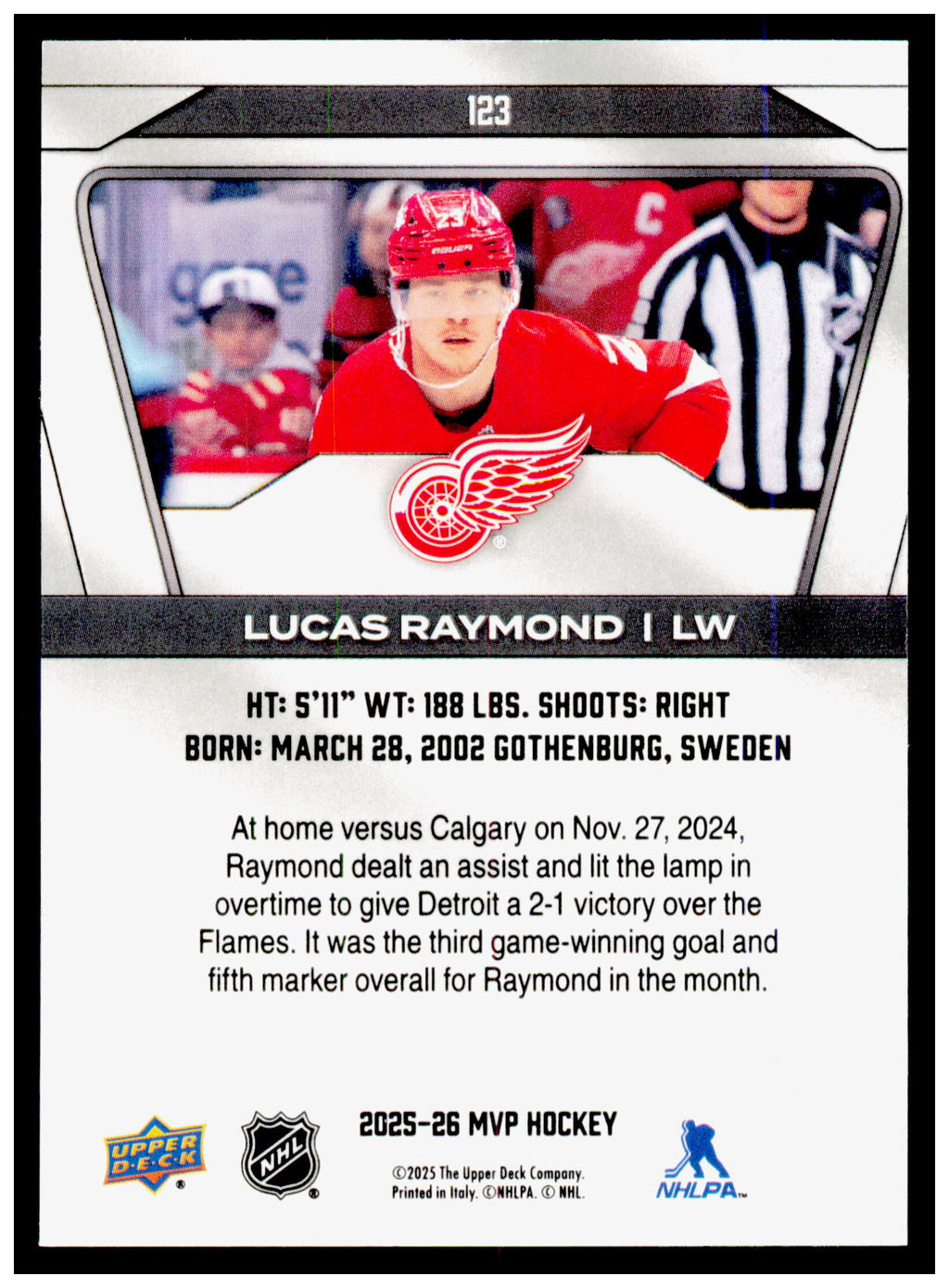 2025-26 Upper Deck MVP Lucas Raymond Card Detroit Red Wings #123