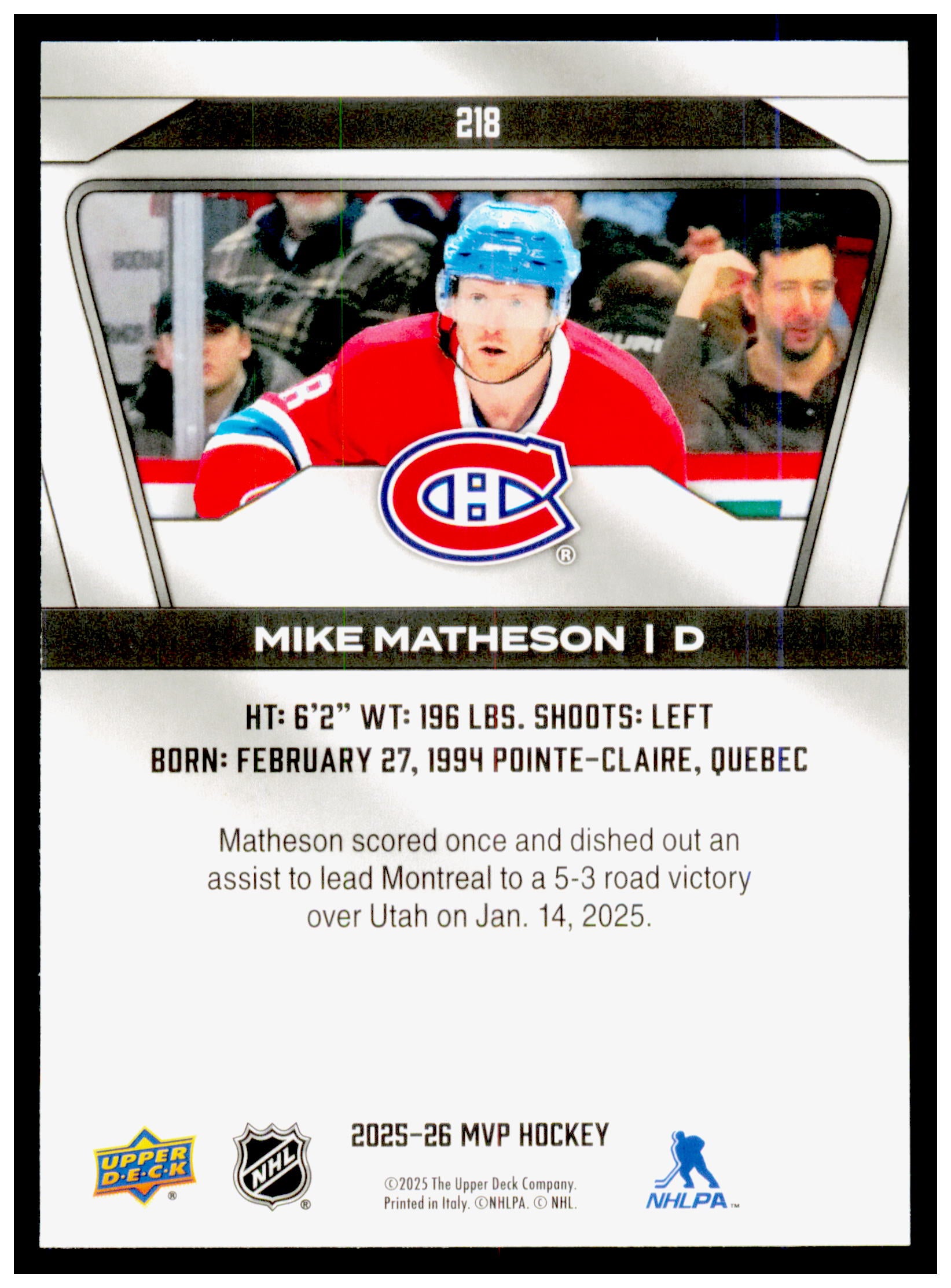 2025-26 Upper Deck MVP Mike Matheson Card Montreal Canadiens #218