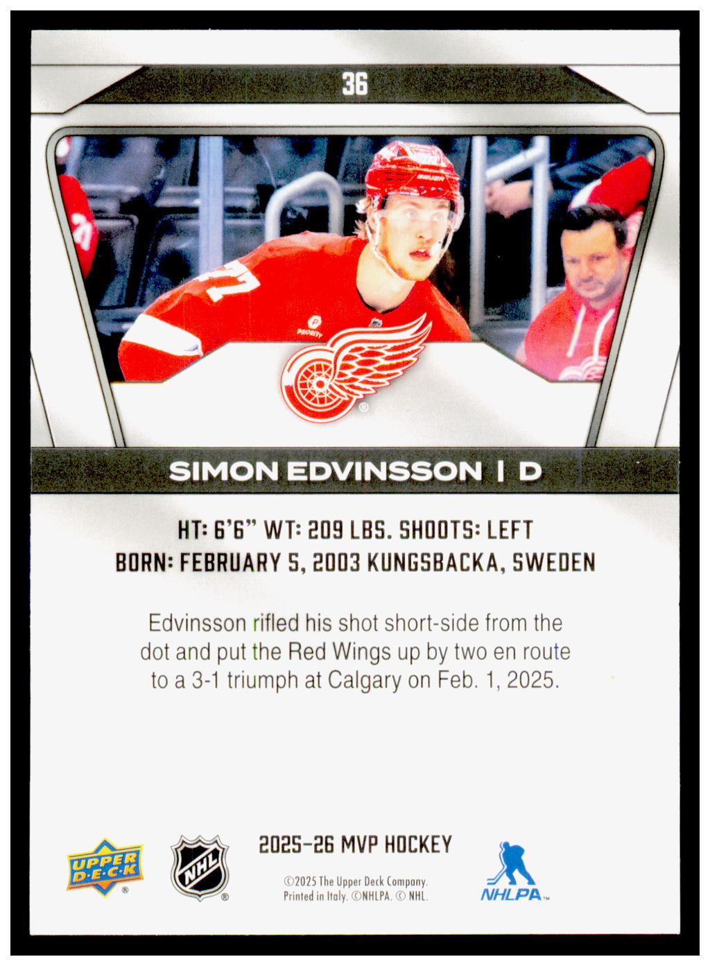 2025-26 Upper Deck MVP Simon Edvinsson Card Detroit Red Wings #36