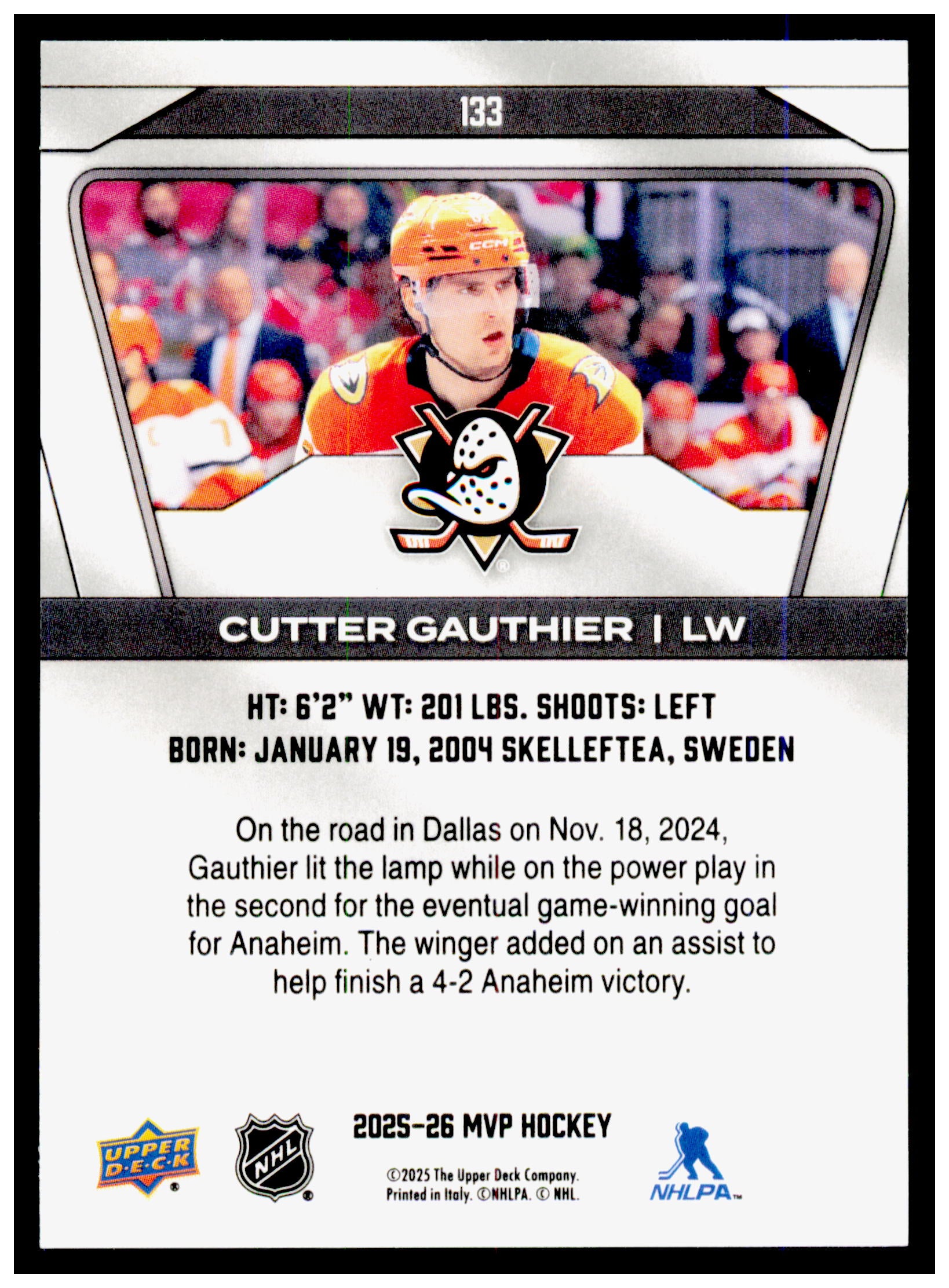 2025-26 Upper Deck MVP Cutter Gauthier Card Anaheim Ducks #133
