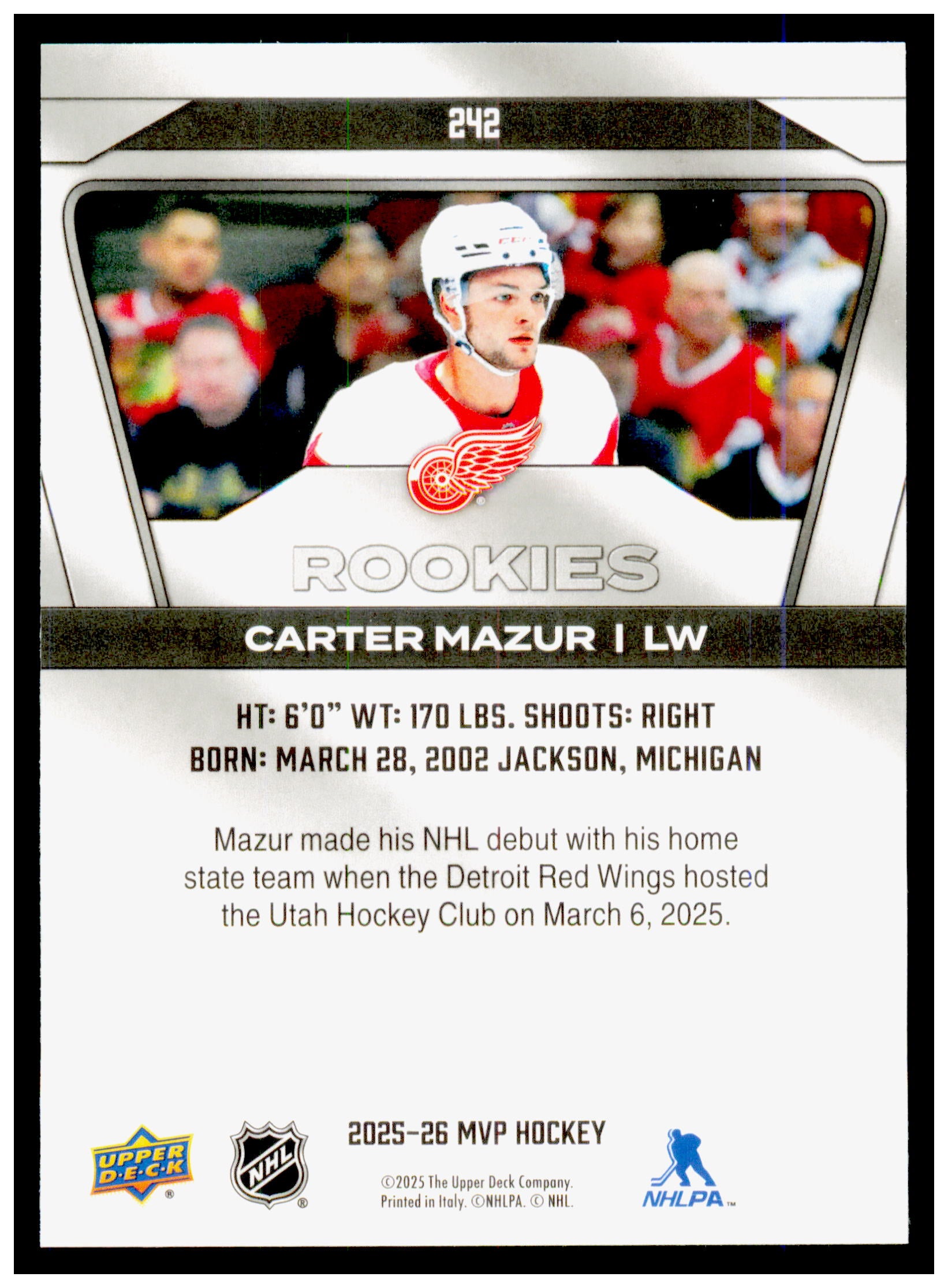 2025-26 Upper Deck MVP Carter Mazur Card RC Detroit Red Wings #242