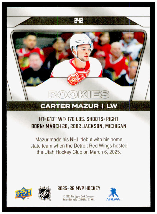 2025-26 Upper Deck MVP Carter Mazur Card RC Detroit Red Wings #242