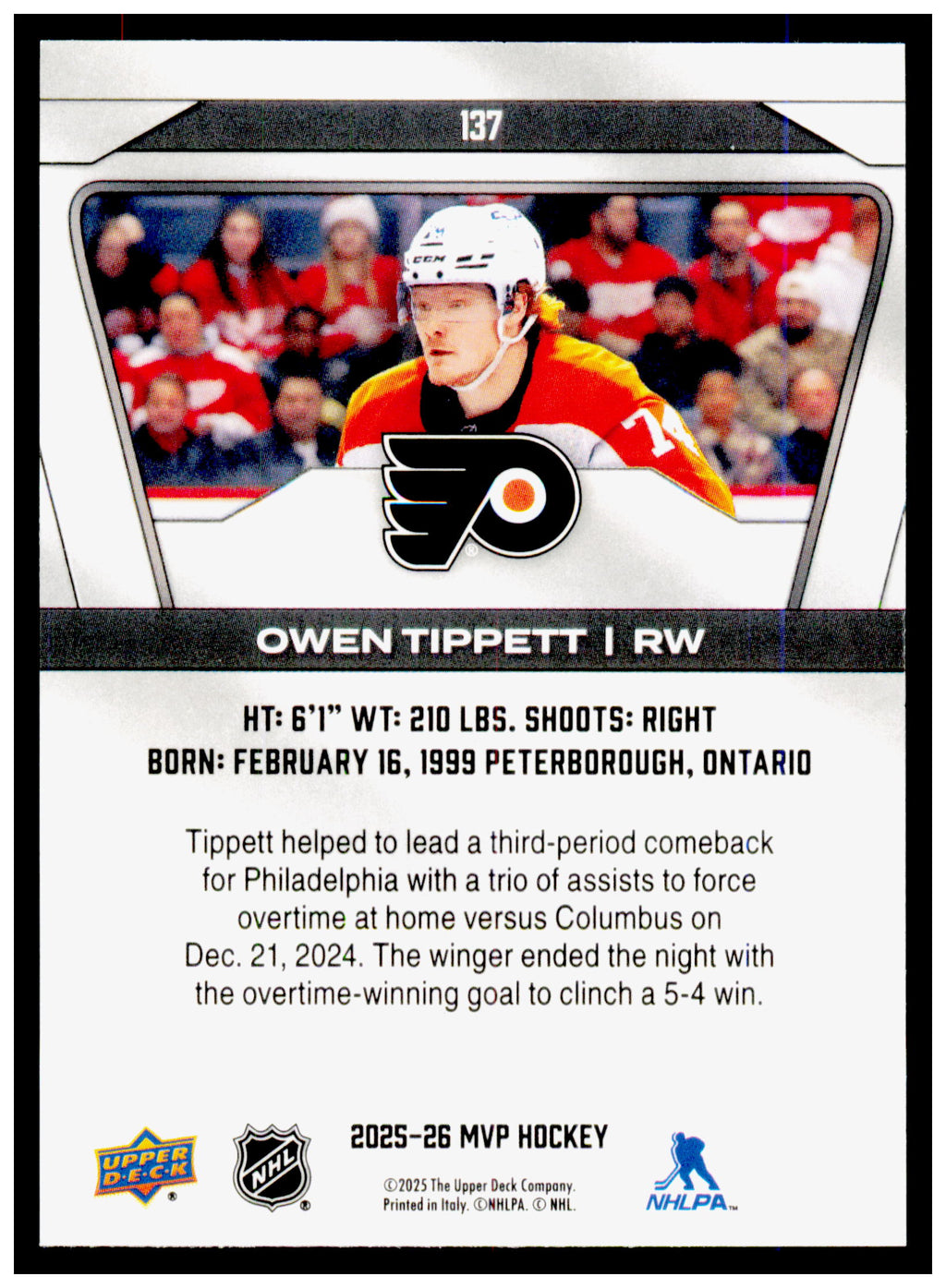 2025-26 Upper Deck MVP Owen Tippett Card Philadelphia Flyers #137
