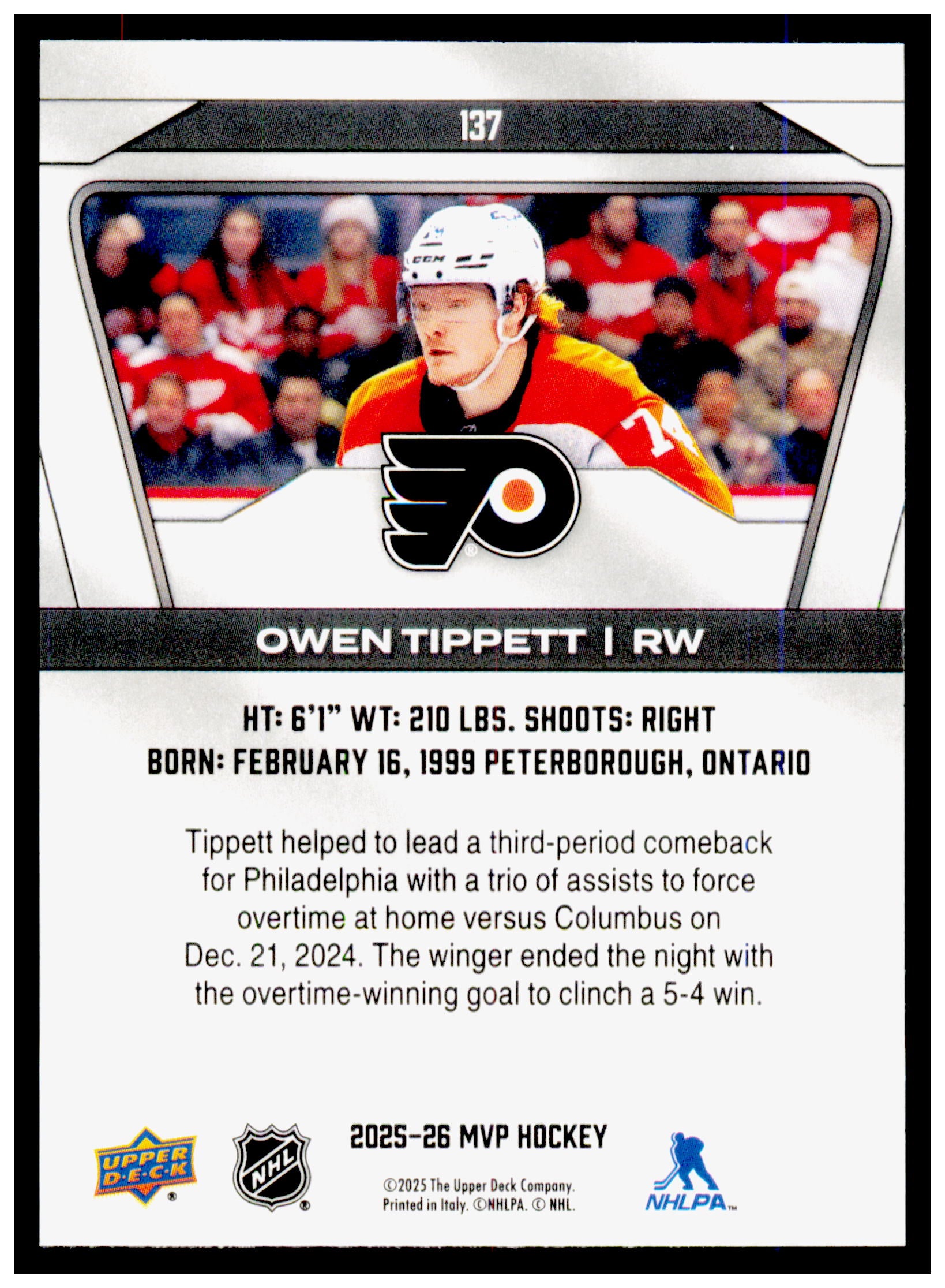 2025-26 Upper Deck MVP Owen Tippett Card Philadelphia Flyers #137