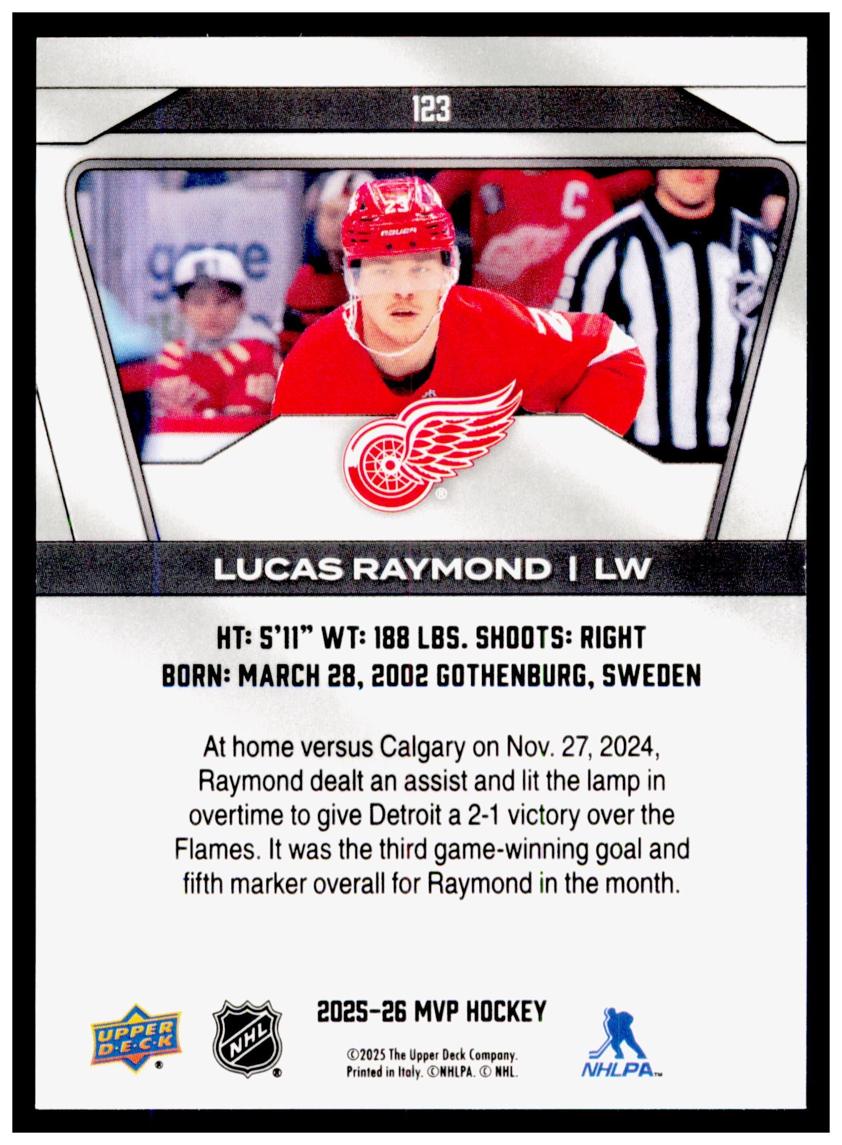 2025-26 Upper Deck MVP Lucas Raymond Card Detroit Red Wings #123