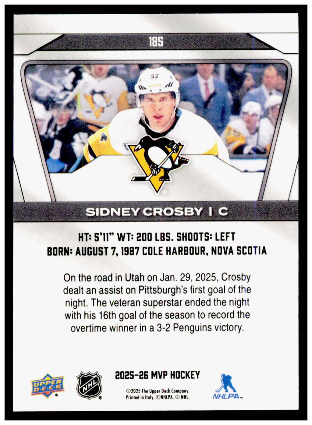 2025-26 Upper Deck MVP Sidney Crosby Card Pittsburgh Penguins #185