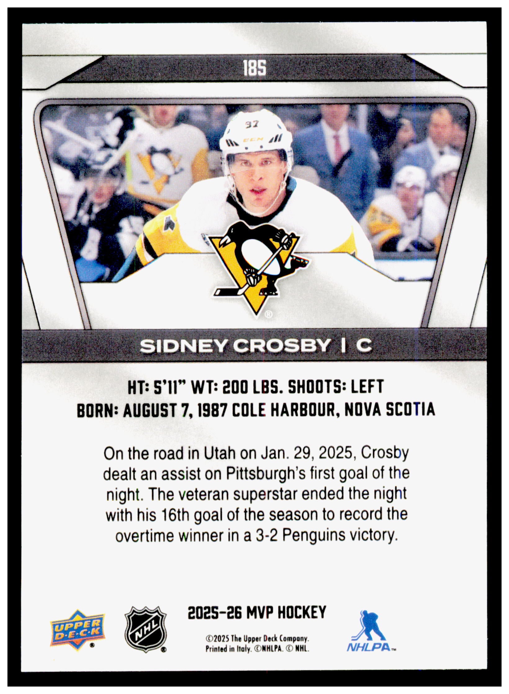 2025-26 Upper Deck MVP Sidney Crosby Card Pittsburgh Penguins #185