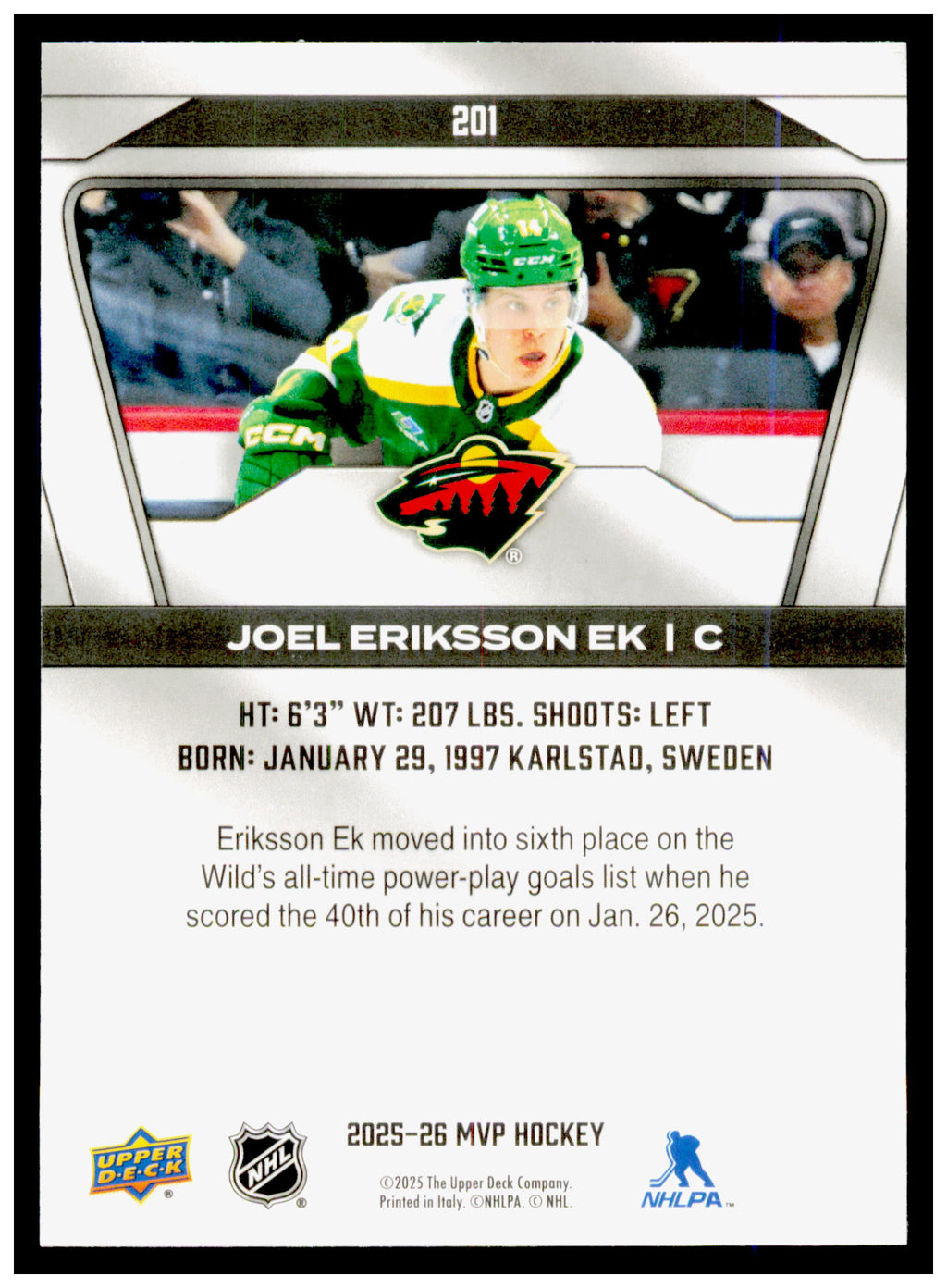 2025-26 Upper Deck MVP Joel Eriksson Ek Card Minnesota Wild #201