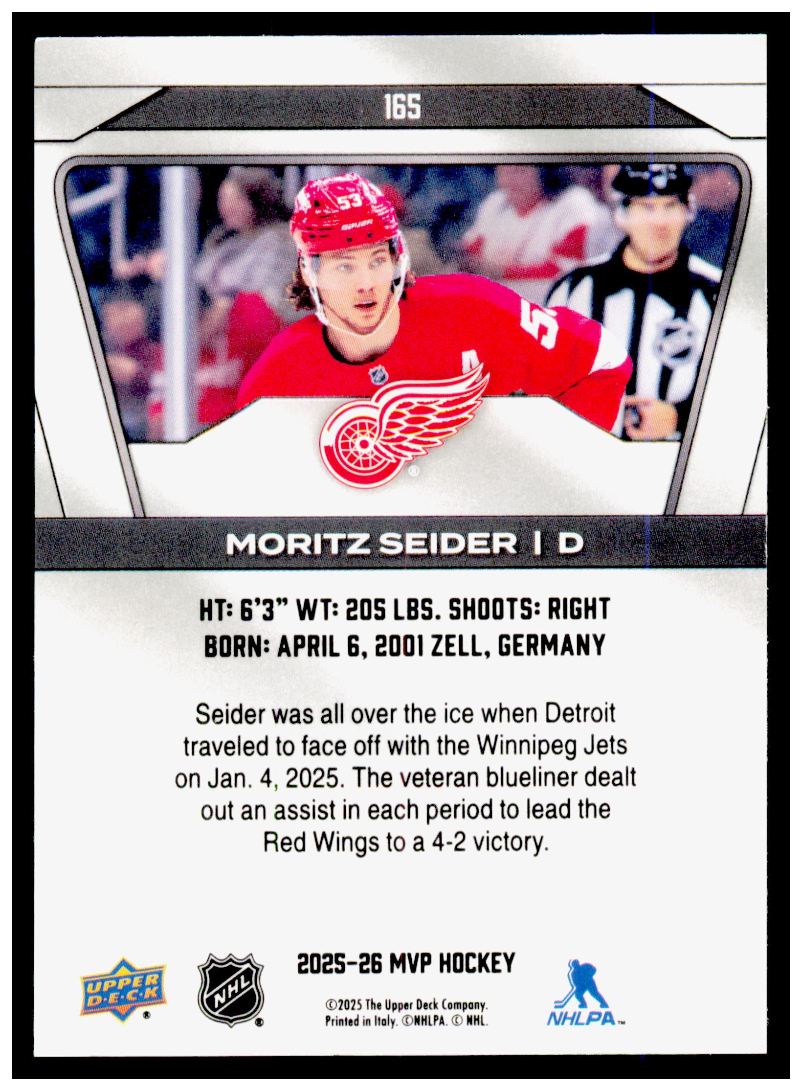 2025-26 Upper Deck MVP Moritz Seider Card Detroit Red Wings #165