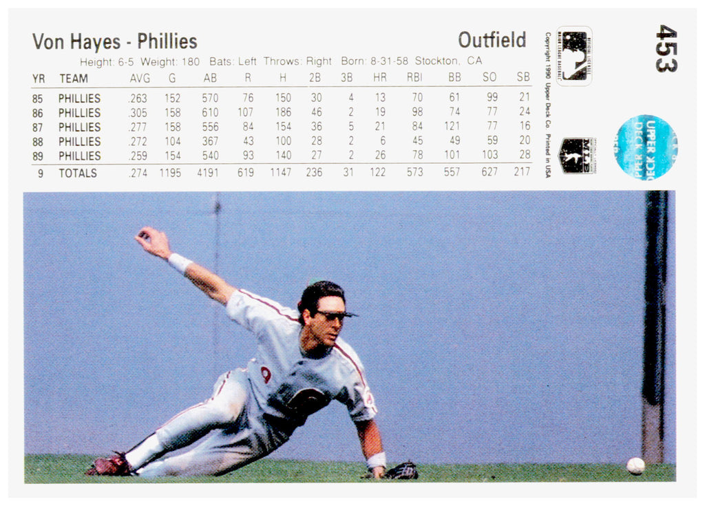 1990 Upper Deck Von Hayes Card Philadelphia Phillies #453