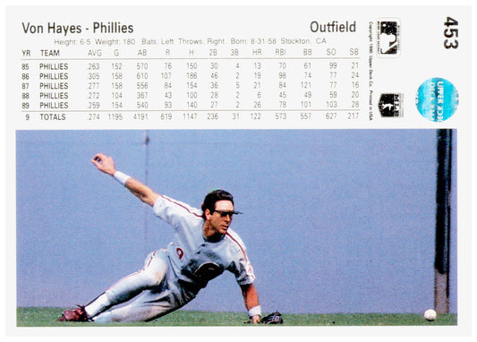 1990 Upper Deck Von Hayes Card Philadelphia Phillies #453