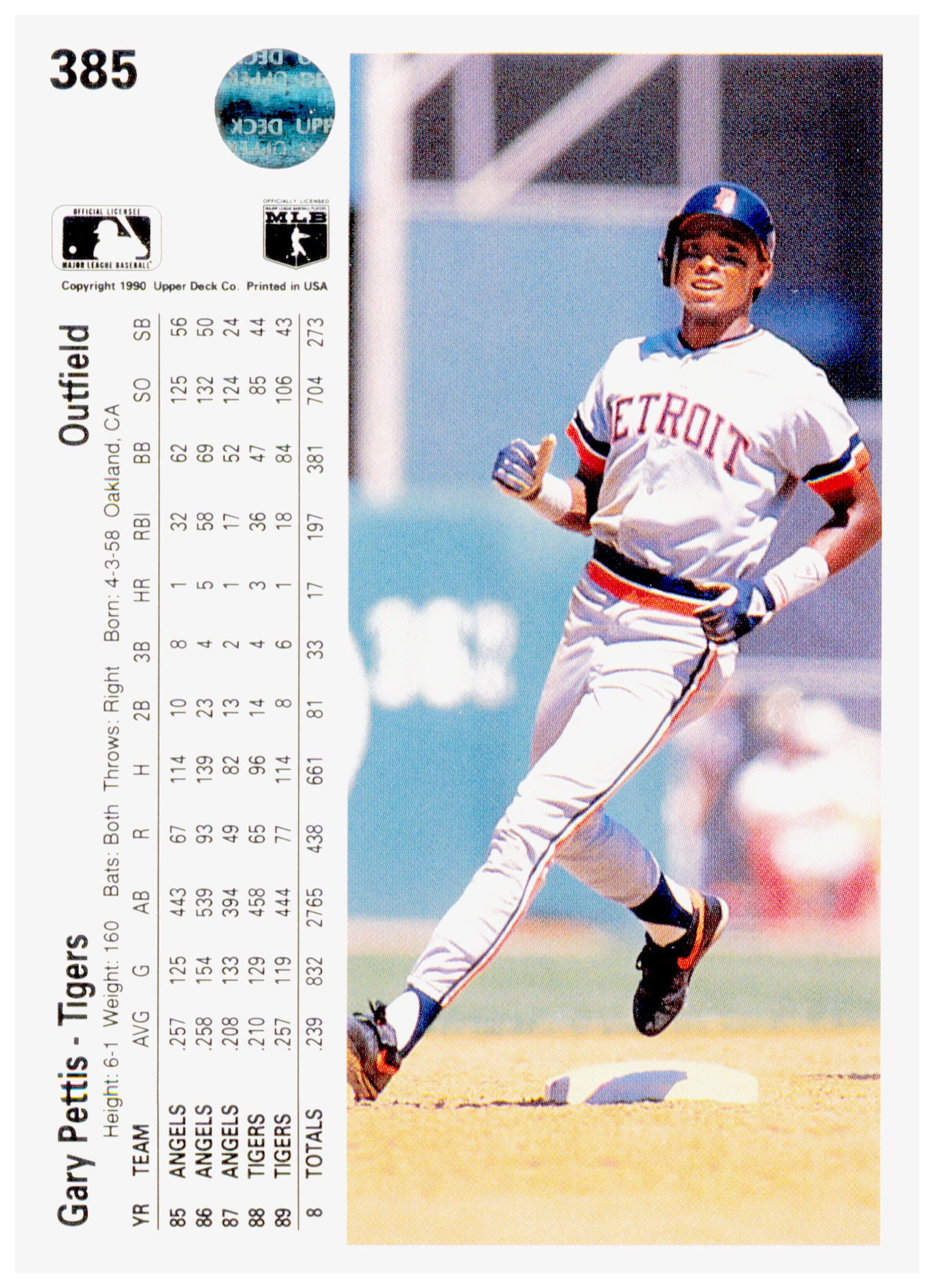 1990 Upper Deck Gary Pettis Card Detroit Tigers #385