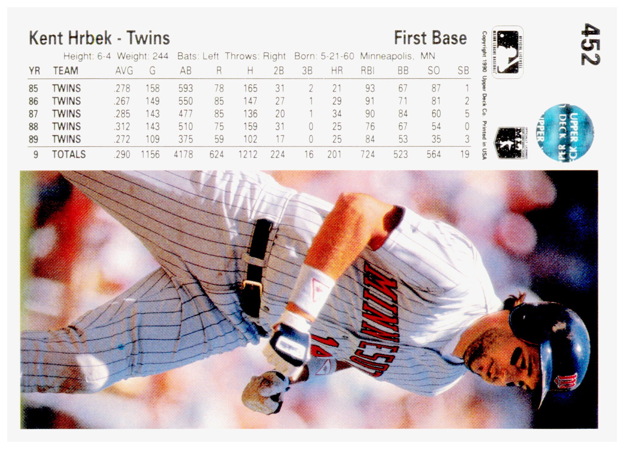 1990 Upper Deck Kent Hrbek Card Minnesota Twins #452
