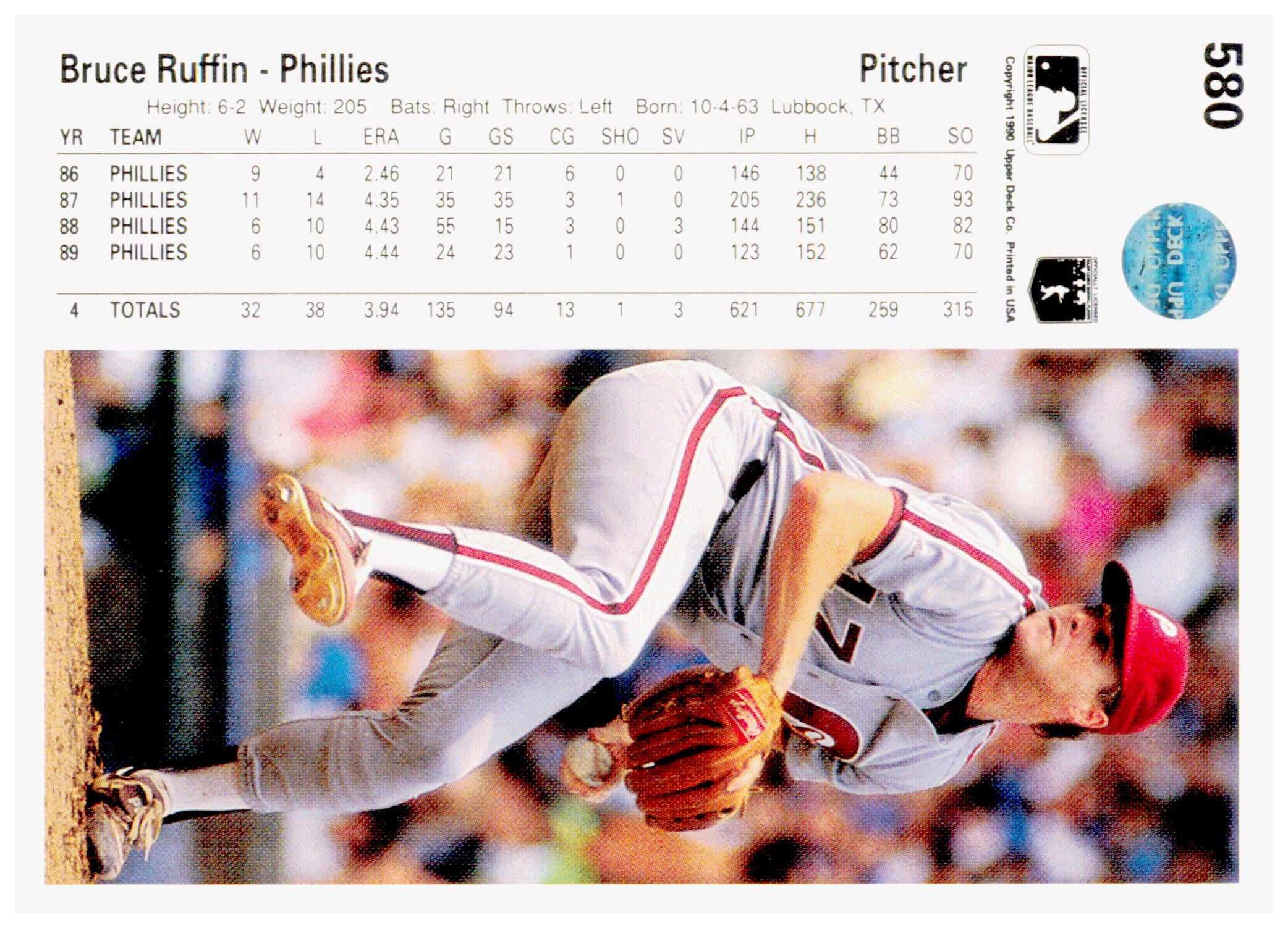 1990 Upper Deck Bruce Ruffin Card Philadelphia Phillies #580