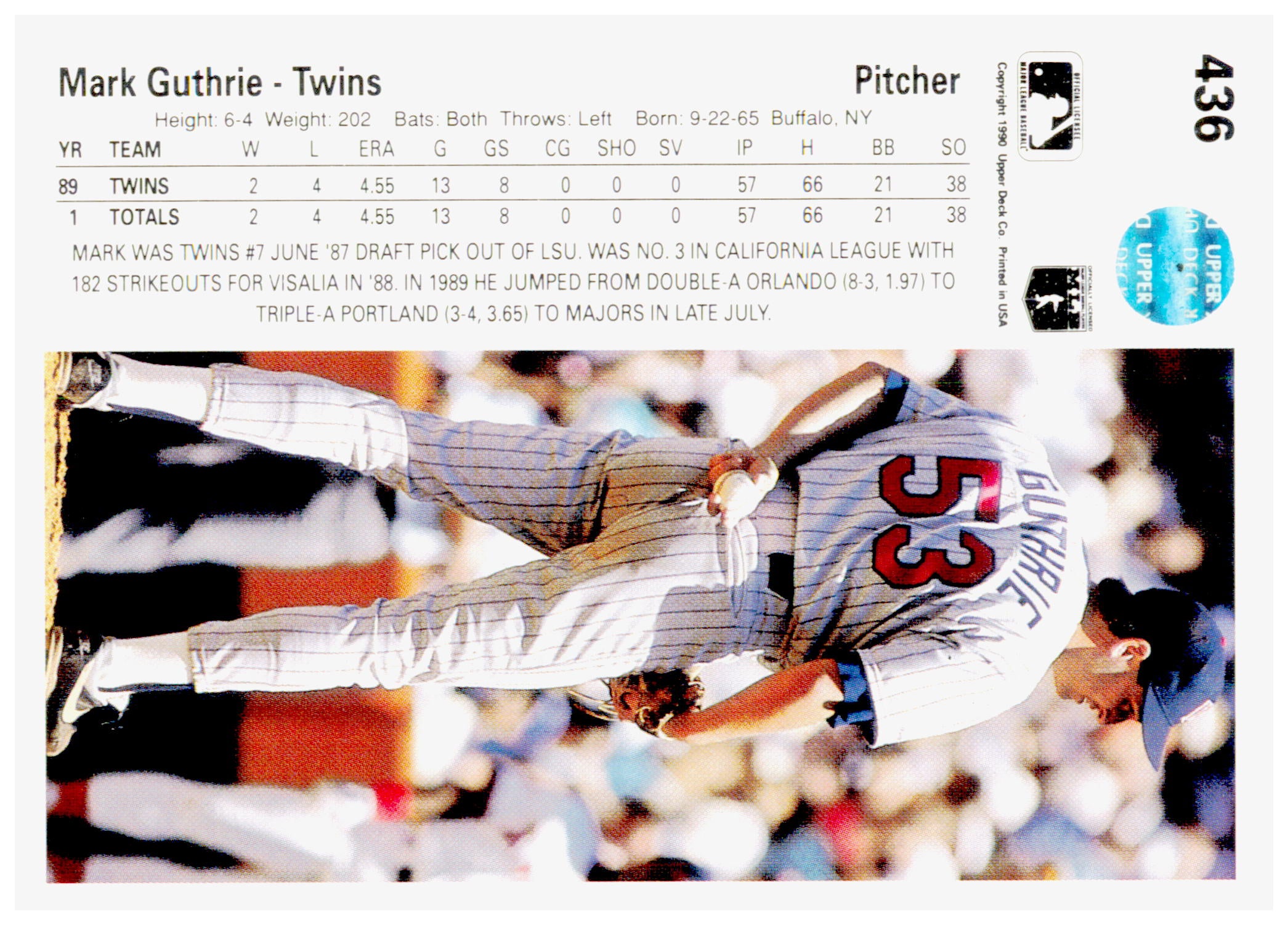 1990 Upper Deck Mark Guthrie Card RC Minnesota Twins #436