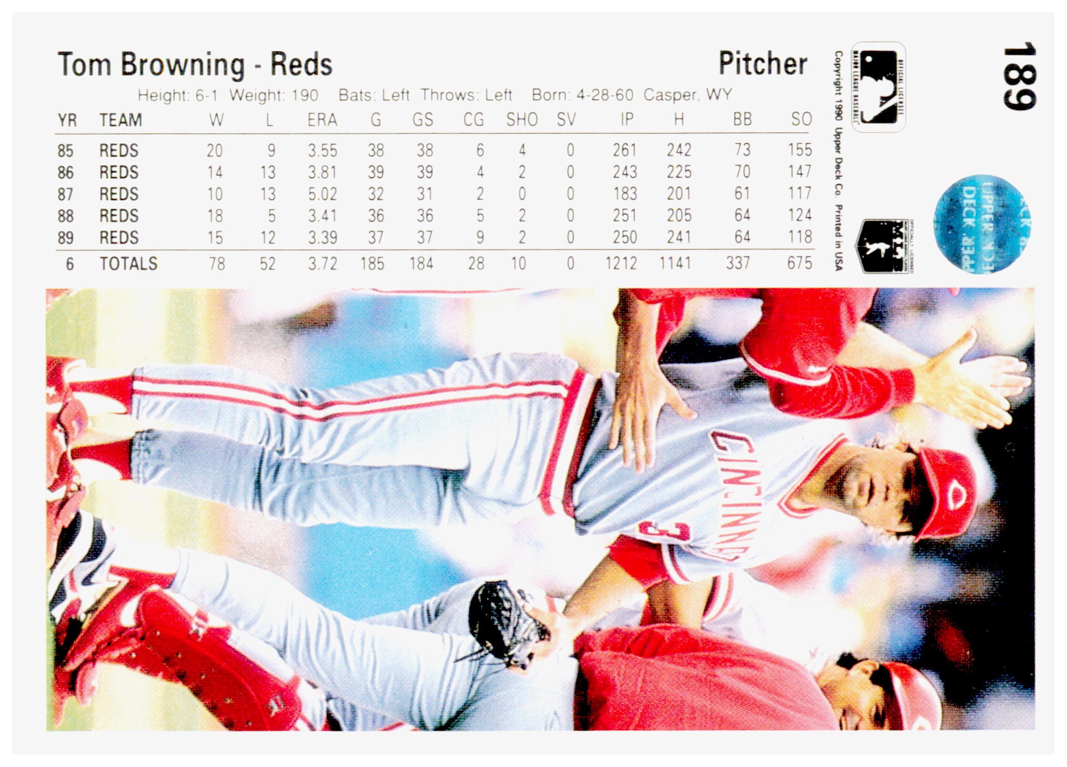 1990 Upper Deck Tom Browning Card Cincinnati Reds #189b